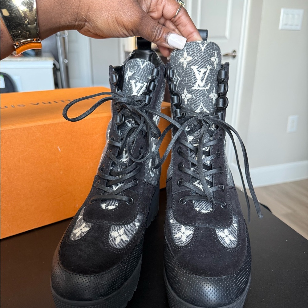 Louis Vuitton Monogram Black and jacquard Gray Combat Boots - Picture 2 of 5